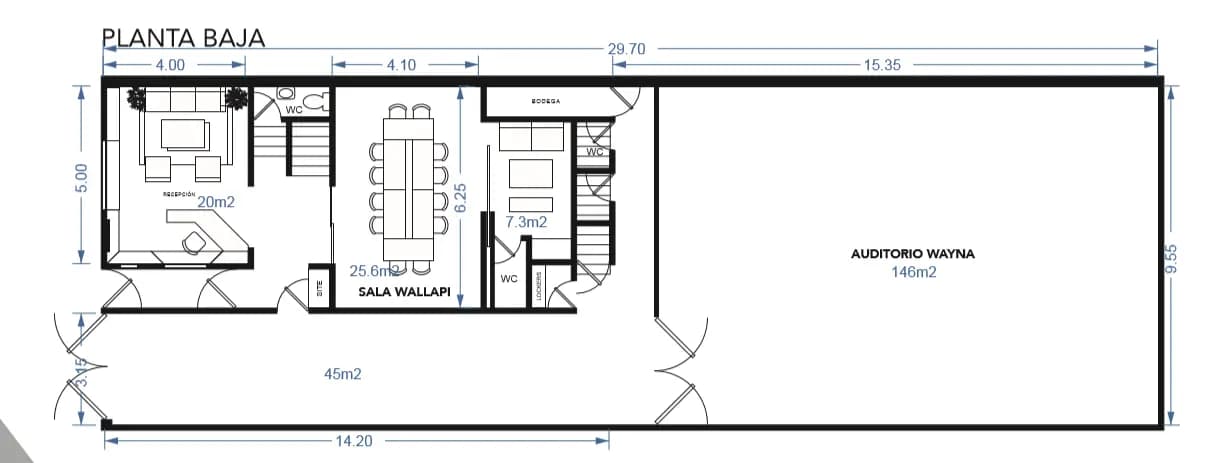 Plano de la planta baja: recepción, sala Wallapi y Auditorio Wayna